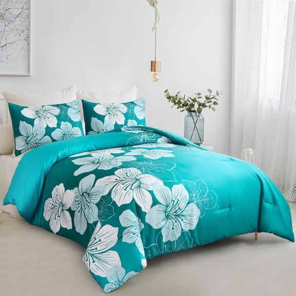 King Comforter Set Gradient Teal Bedding Floral Comforter Sets - Soft Microfiber Bed Comforter Set for All Season, 3 Piece Botanical Flowers Comforter, Pillowcases