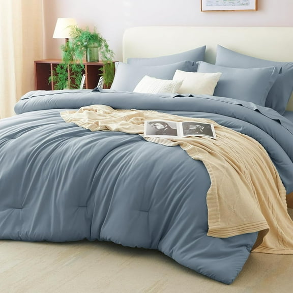 King Comforter Set - Grayish Blue, 7PC Boho Bed Sets with Comforter, Fitted Sheets, Flat Sheets, Pillow Shams and Pillowcases