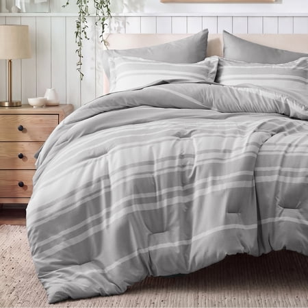 U by Bedsure King Comforter Set Gray, 7 Pieces Reversible Bed in a Bag, Striped Bedding Set, All-Season