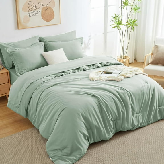 King Comforter Set Sage Green, 7 Pieces Bed in a Bag, Bedding Comforter Set with Sheets, All Season Boho 7PC Bed Sets with Comforter, Fitted Sheets, Flat Sheets, Pillow Shams and Pillowcases