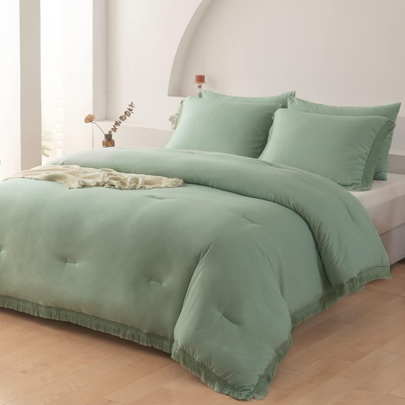 King Comforter Set Sage Green Boho Bedding Vintage Fluffy Comforter