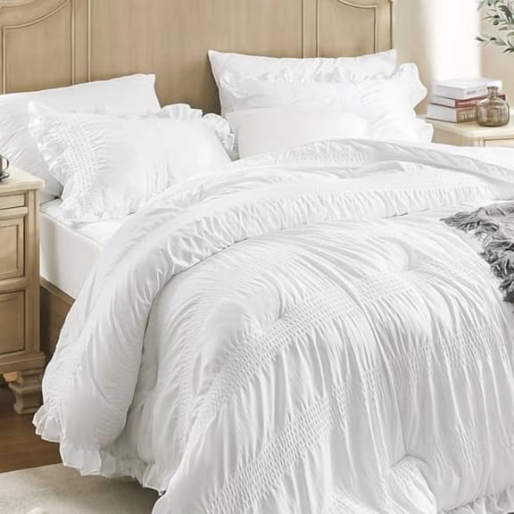 King Comforter Set Seersucker 7 Pieces Luxury Ruffle Bed in a Bag King Size for All Season White Bedding Set with Comforter, Pillowcases, Flat Sheet, Fitted Sheet and Pillow Shams