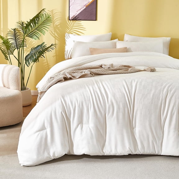 King Comforter Set - White Waffle Checkered Bedding, All-Season Lightweight Breathable Textured Thermal-Regulating Design, Pillowcases Combo for Year-Round Comfort