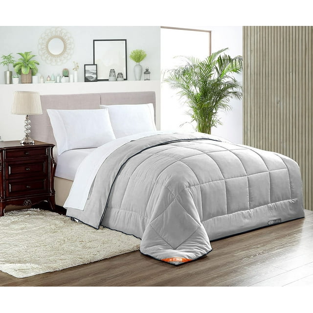 King Comforter Solid Light Grey 300 GSM Plush Siliconized Microfiber Fill Duvet Insert With 1000 Thread Count Egyptian Cotton Shell Fluffy Soft with Premium Piping & Matching Pillowcases