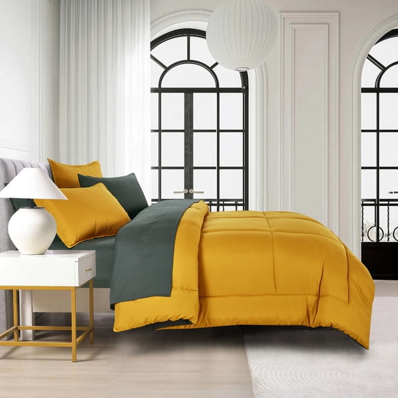 King Comforter with Sheets Set - 7-Piece Mustard Yellow Bed in a Bag Set