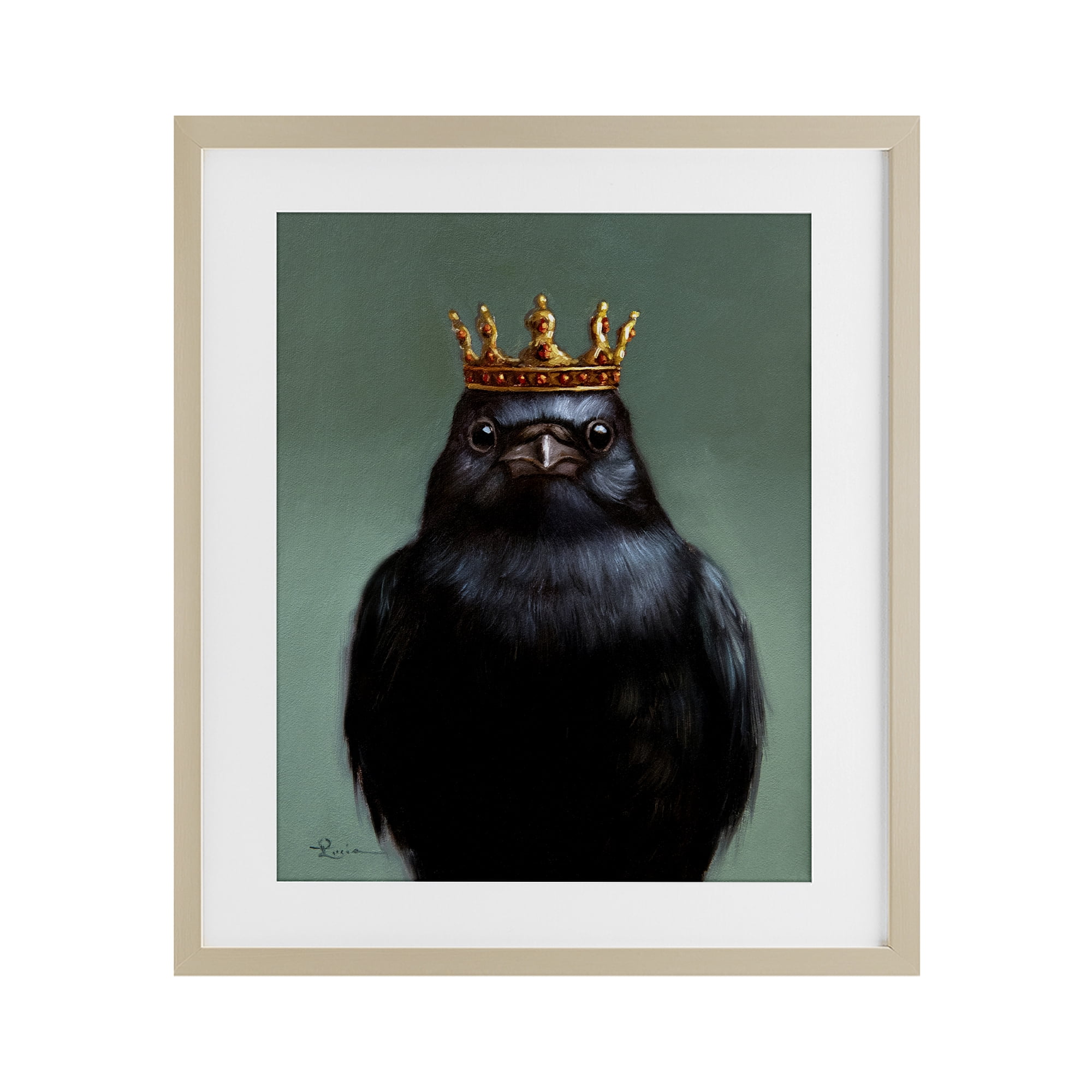 King Crow Portrait Birch Framed Print Under Glass, design by Lucia Heffernan