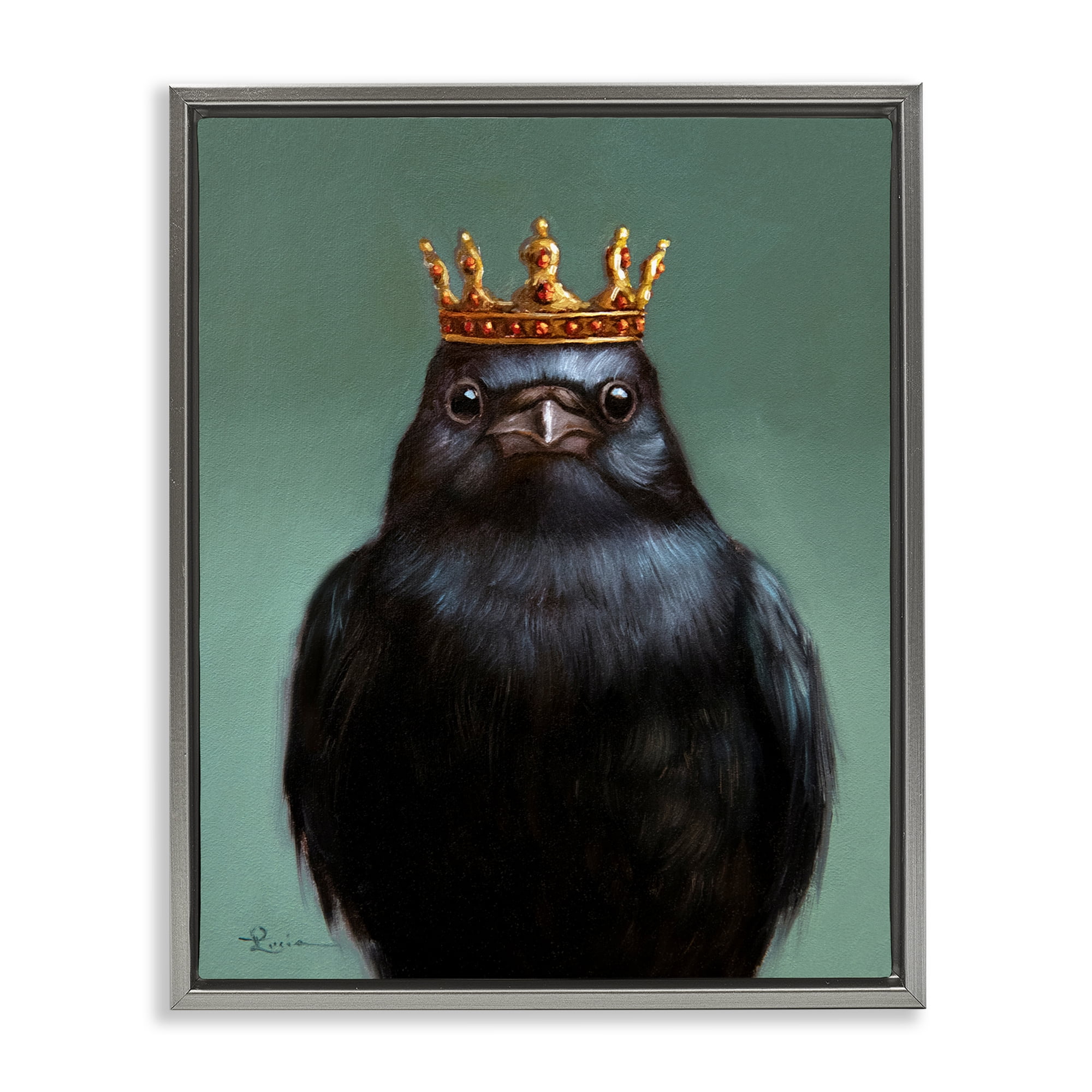 King Crow Portrait Gray Framed Floater Canvas Wall Art, design by Lucia Heffernan