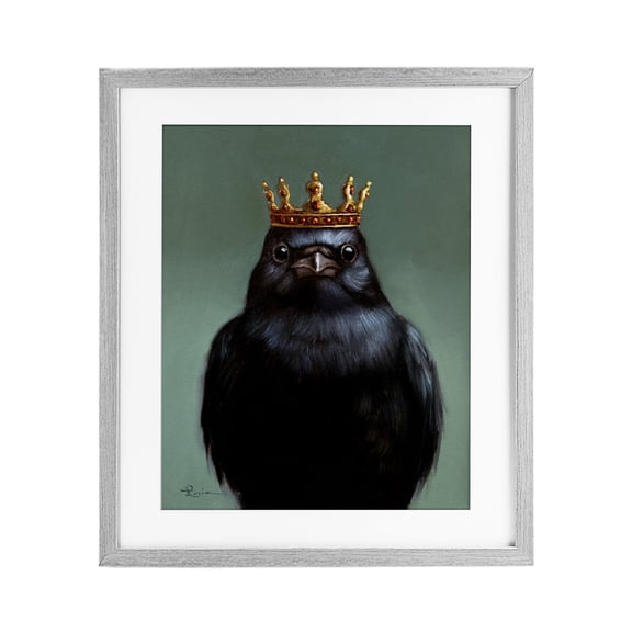King Crow Portrait Gray Framed Print Under Glass, design by Lucia Heffernan