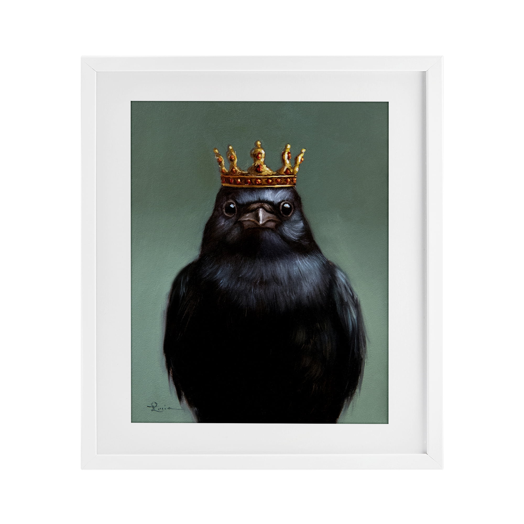 King Crow Portrait White Framed Print Under Glass, design by Lucia Heffernan