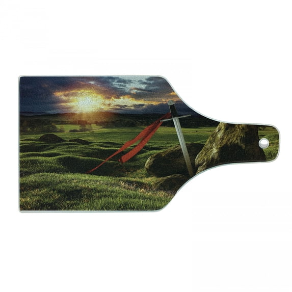 King Cutting Board, Arthur Camelot Myth in England Ireland Fields Invincible Myth Image, Decorative Tempered Glass Cutting and Serving Board, Wine Bottle Shape, Green Blue and Red, by Ambesonne