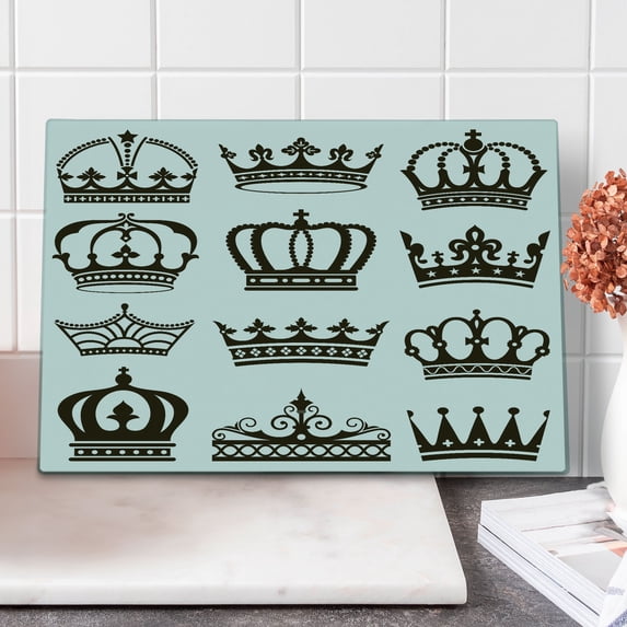 King Cutting Board, Royalty Crowns Tiaras for Reign Queen Prince Cartoon Desgin, Decorative Tempered Glass Cutting and Serving Board, Large Size, Dark Green Brown White, by Ambesonne
