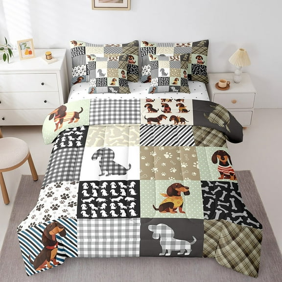 King Dachshund Comforter Sets 7-Piece,Sausage Dog Bedding Set with Sheets Bed in a Bag,Cute Puppy Pet Bed Sheets Set,Patchwork Buffalo Plaid Down Comforter with 2 Pillow Covers