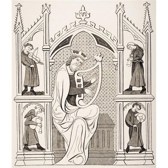 King David Playing On The Lyre Surrounded By Four Musicians All Wearing Costumes Of The 13Th Century From Miniature In 1