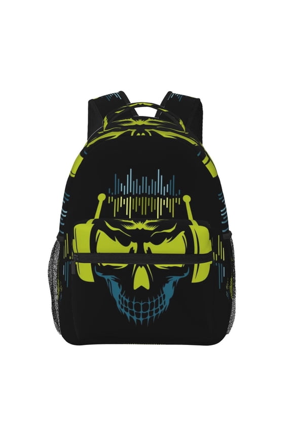 King Dj Skull Backpack Casual College Bag Zipper Laptop Daypack Hiking Rucksack Travel