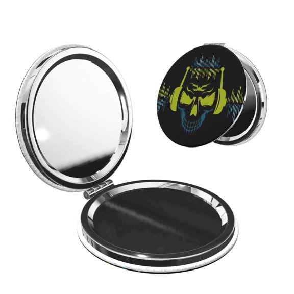 King Dj Skull Portable Double-Sided Face Mirror Round Shape, Magnifying Compact Pocket Mirror with PU Leather Cover