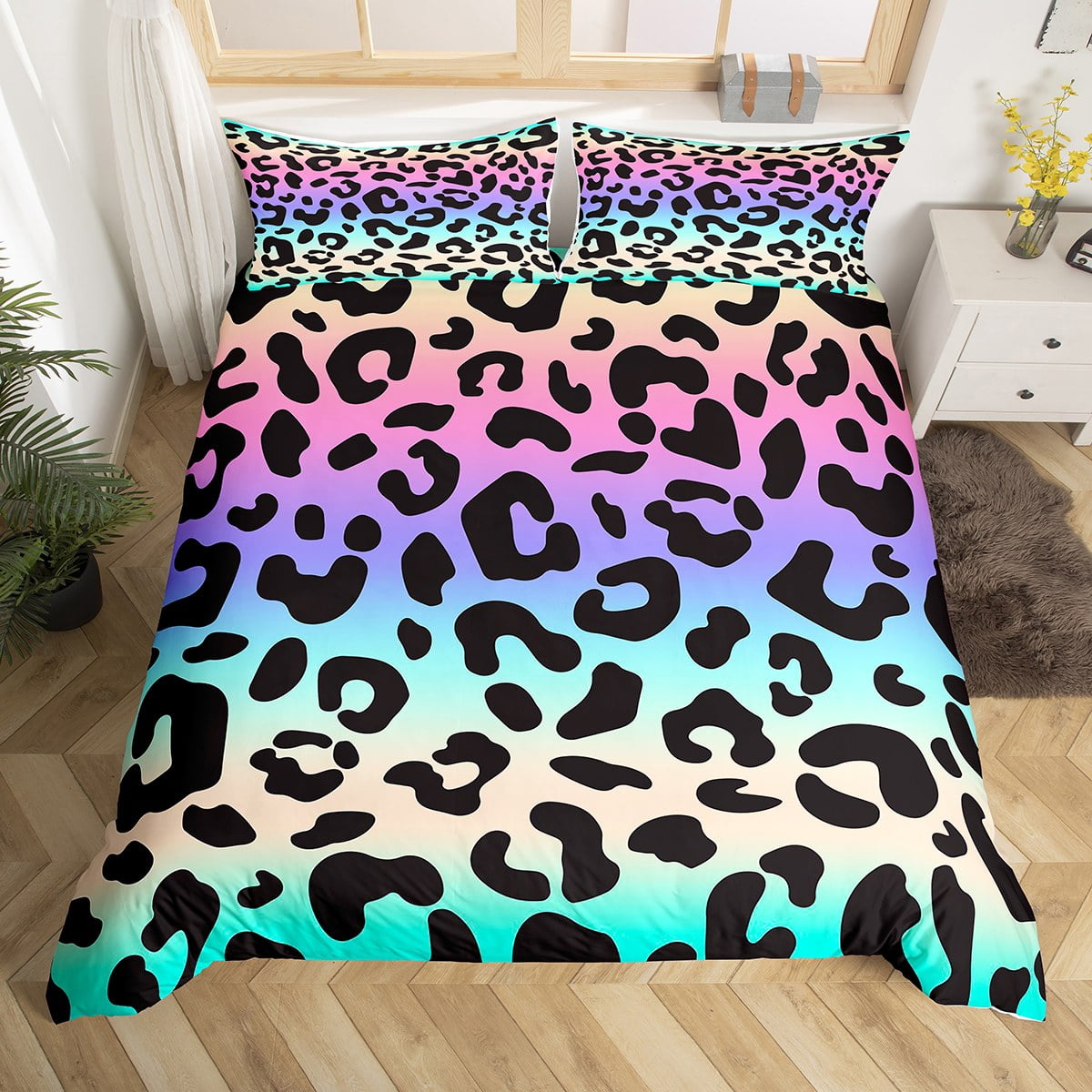 King Duvet Cover Purple Blue Pink Leopard Print Bedding Set for Kids