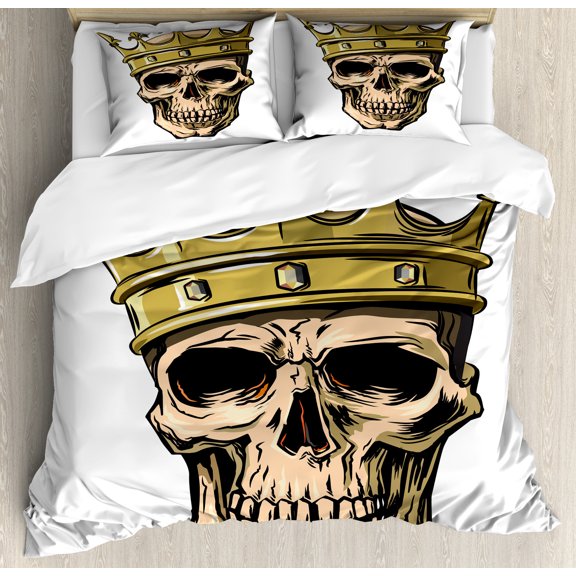King Duvet Cover Set, Dead Skull Skeleton Head with Royal Crown Tiara in Hand Drawn Style on White Backdrop, Decorative 3 Piece Bedding Set with 2 Pillow Shams, King Size, Multicolor, by Ambesonne