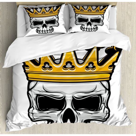 King Duvet Cover Set, Hand Drawn Crowned Skull Cranium with Coronet Tiara Halloween Themed Image, Decorative 3 Piece Bedding Set with 2 Pillow Shams, Queen Size, Orange and Pale Grey, by Ambesonne