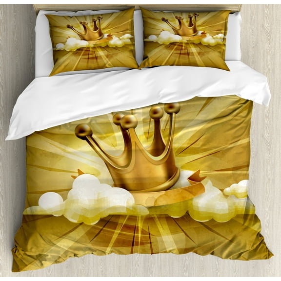 King Duvet Cover Set, Medieval Inspired Crown Clouds Abstract Bold Striped Vintage Image, Decorative 3 Piece Bedding Set with 2 Pillow Shams, Queen Size, Pale Coffee, by Ambesonne