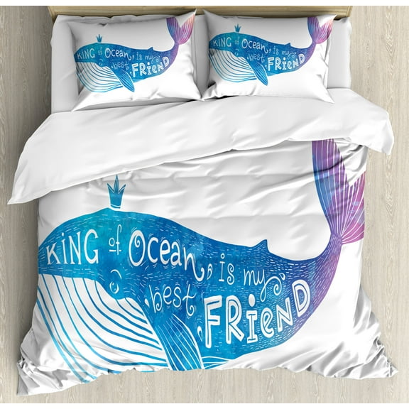 King Duvet Cover Set, King of Ocean is My Best Friend in Watercolor Abstract Style Words on Whale Print, Decorative 3 Piece Bedding Set with 2 Pillow Shams, King Size, Blue and Purple, by Ambesonne