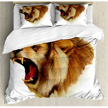 King Duvet Cover Set, Roaring Wild Lion Head Savannah Animal Majestic Cartoon Like Macro View Print, Decorative 3 Piece Bedding Set with 2 Pillow Shams, Queen Size, Pale Brown, by Ambesonne