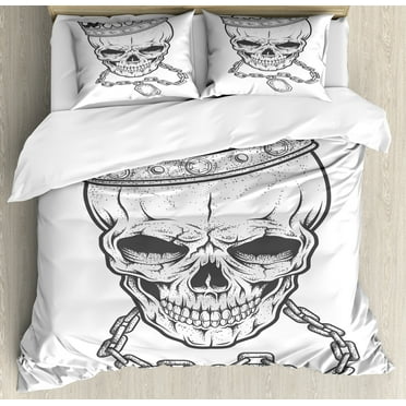 King Duvet Cover Set, Sketchy Skull Crown Hip Hop Street Style Necklace Chain Gem Image Print, Decorative 3 Piece Bedding Set with 2 Pillow Shams, Queen Size, Charcoal Grey White, by Ambesonne