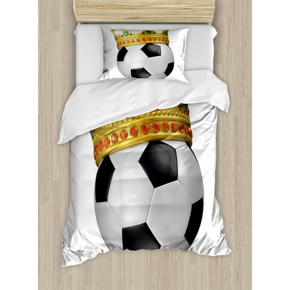 King Duvet Cover Set Twin Size, Football Soccer Sports Championship Inspired Ball Crown with Ornaments Image Print, Decorative 2 Piece Bedding Set with 1 Pillow Sham, Multicolor, by Ambesonne