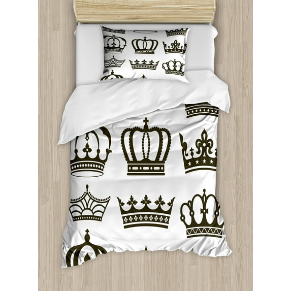 King Duvet Cover Set Twin Size, Symbol of Royalty Crowns Tiaras for Reign Queen Prince Cartoon Desgin, Decorative 2 Piece Bedding Set with 1 Pillow Sham, Dark Green Brown White, by Ambesonne