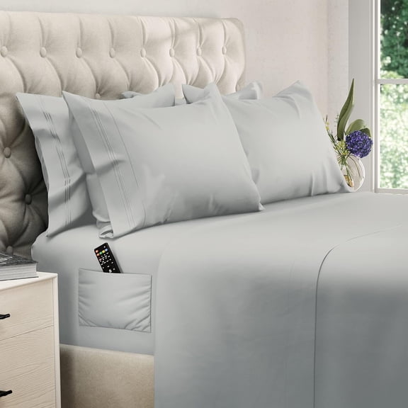 King Extra Deep Pocket Sheet Set 6 Piece Breathable Cooling Bed Sheets with Side Pockets 100 Percent Brushed Microfiber Light Gray