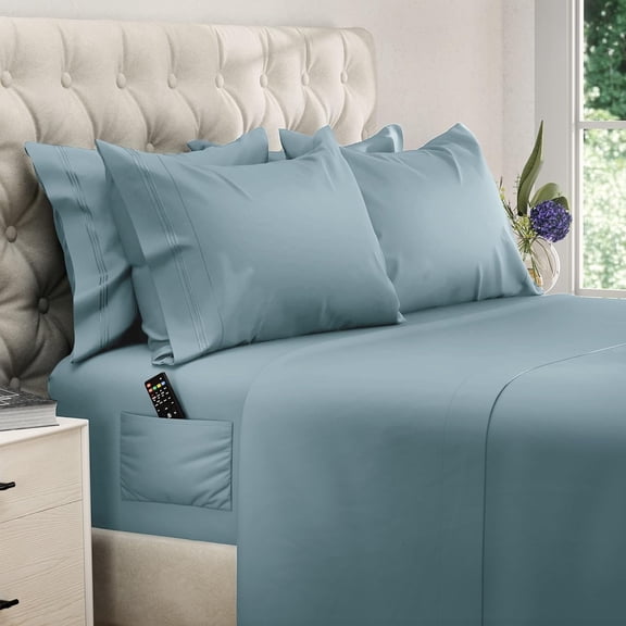 King Extra Deep Pocket Sheets Set 6 Piece Breathable Cooling Bed Sheets with Side Pockets 100% Brushed Microfiber Mineral Blue