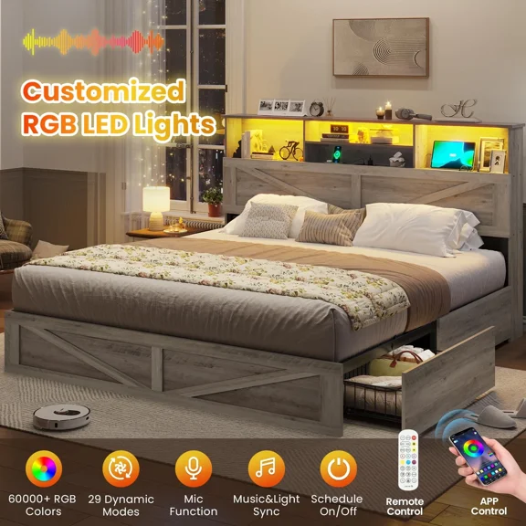 King Farmhouse Wooden Bed Frame with Storage Bookcase Headboard, Metal Platform Bed with 4 Under-bed Drawers Rustic Gray