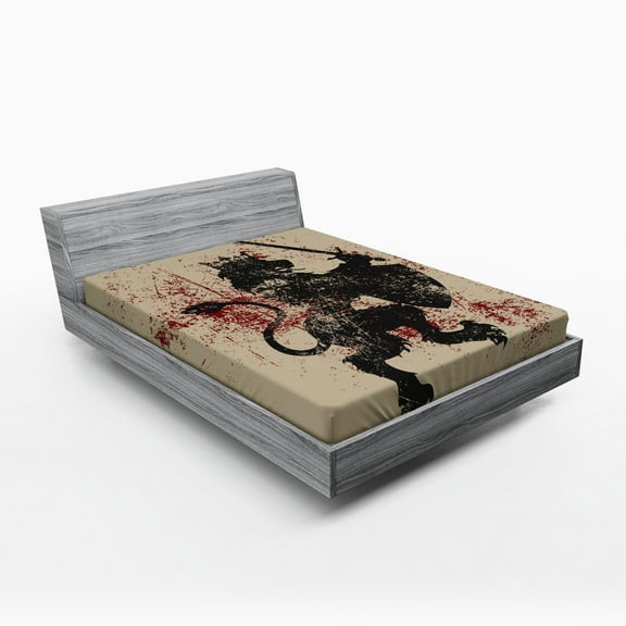 Ambesonne King Fitted Sheet, Courage Lion, Full Size, Black White and Burgundy