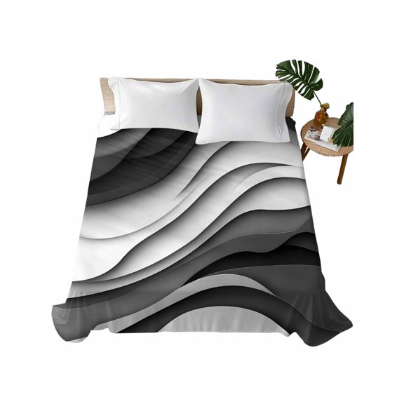 King Flat Sheet 105"x98", Black Grey Ombre Soft Lightweight Bedding Flat Sheets Only, Moire Modern Aesthetics Geometric Abstract Brushed Microfiber Top Bed Sheet, Breathable StainResistant Bedsheets