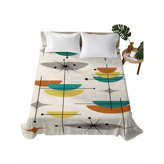 King Flat Sheet 105"x98", Boho Teal Yellow Orange Grey Soft Lightweight Bedding Flat Sheets Only, Middle Century Geometric Brushed Microfiber Top Bed Sheet, Breathable StainResistant Bedsheets