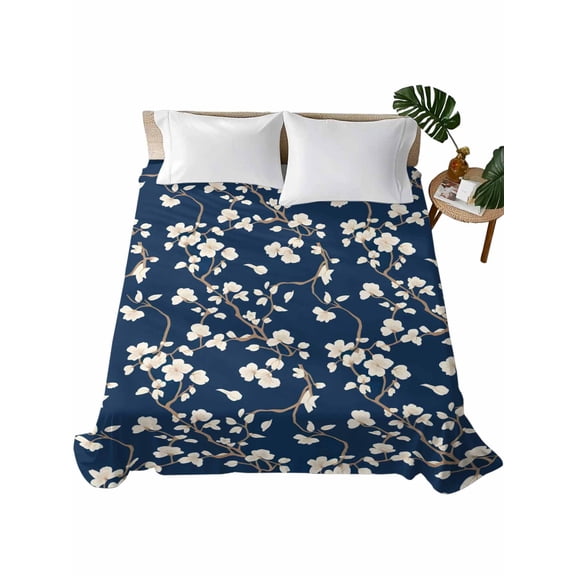 King Flat Sheet 105"x98", Botanical Flower Soft Lightweight Bedding Flat Sheets Only, Vintage Garden Floral Wildflower Blue Brushed Microfiber Top Bed Sheet, Breathable StainResistant Bedsheets