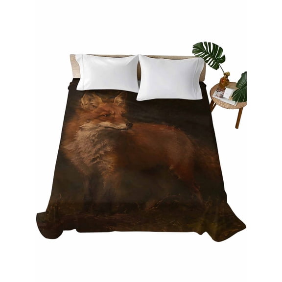 King Flat Sheet 105"x98", Brown Fox Soft Lightweight Bedding Flat Sheets Only, Vintage Wildlife Rustic Country Brushed Microfiber Top Bed Sheet, Breathable StainResistant Bedsheets