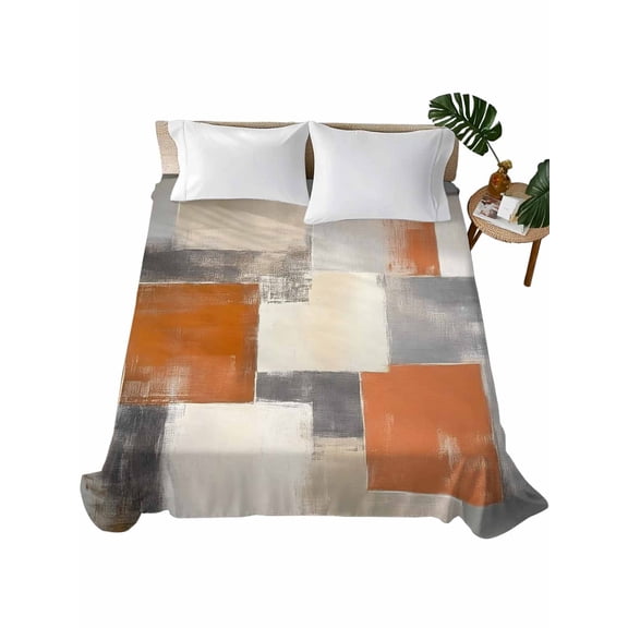 King Flat Sheet 105"x98", Burnt Orange Grey Soft Lightweight Bedding Flat Sheets Only, Modern Abstract Oil Painting Brushed Microfiber Top Bed Sheet, Breathable StainResistant Bedsheets