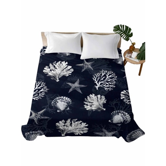 King Flat Sheet 105"x98", Coastal Coral Soft Lightweight Bedding Flat Sheets Only, Dark Blue Ocean Starfish Shells Vintage Brushed Microfiber Top Bed Sheet, Breathable StainResistant Bedsheets