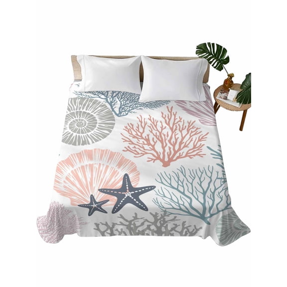 King Flat Sheet 105"x98", Coastal Starfish Soft Lightweight Bedding Flat Sheets Only, Ocean Multicolor Coral Shell Conch Brushed Microfiber Top Bed Sheet, Breathable StainResistant Bedsheets