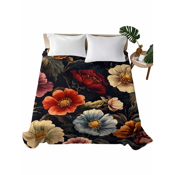 King Flat Sheet 105"x98", Colored Flower Soft Lightweight Bedding Flat Sheets Only, Retro Country Red Blue Floral Wildflower Brushed Microfiber Top Bed Sheet, Breathable StainResistant Bedsheets