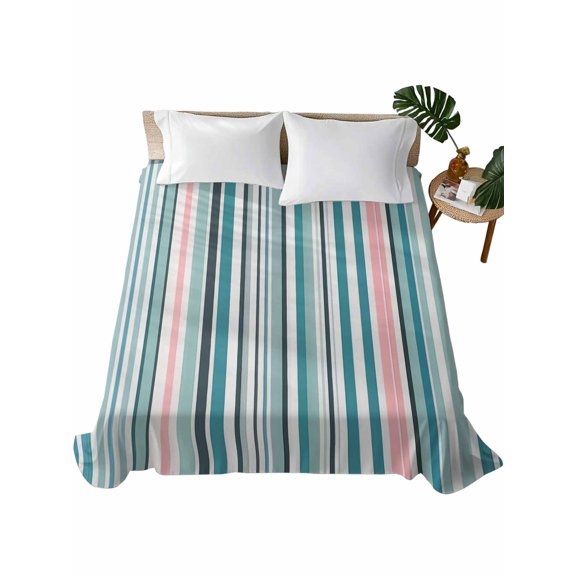 King Flat Sheet 105"x98", Colored Stripes Soft Lightweight Bedding Flat Sheets Only, Modern Abstract Pink Blue Turquoise Lines Brushed Microfiber Top Bed Sheet, Breathable StainResistant Bedsheets