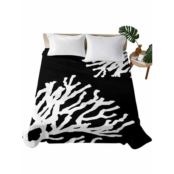 King Flat Sheet 105"x98", Coral Black Soft Lightweight Bedding Flat Sheets Only, Coastal White Ocean Marine Nautical Beach Brushed Microfiber Top Bed Sheet, Breathable StainResistant Bedsheets