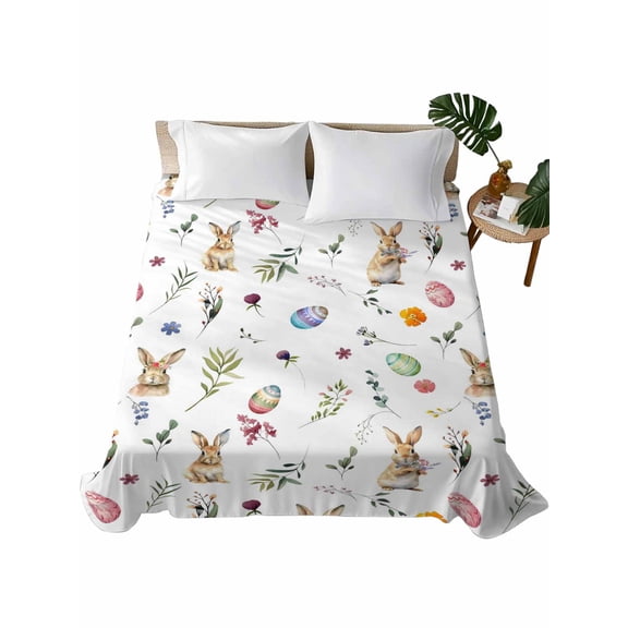 King Flat Sheet 105"x98", Easter Soft Lightweight Bedding Flat Sheets Only, Spring Farmhouse Rabbits Eggs Leaves Flowers Brushed Microfiber Top Bed Sheet, Breathable StainResistant Bedsheets