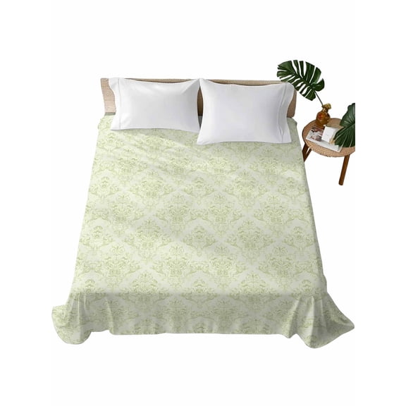 King Flat Sheet 105"x98", Green Floral Soft Lightweight Bedding Flat Sheets Only, Farmhouse Luxury Scroll Flowers Patterned Brushed Microfiber Top Bed Sheet, Breathable StainResistant Bedsheets