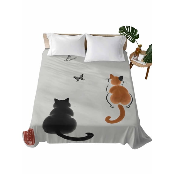 King Flat Sheet 105"x98", Japanese Cute Cat Soft Lightweight Bedding Flat Sheets Only, Harmony Cartoon Kitty Butterfly Brushed Microfiber Top Bed Sheet, Breathable StainResistant Bedsheets