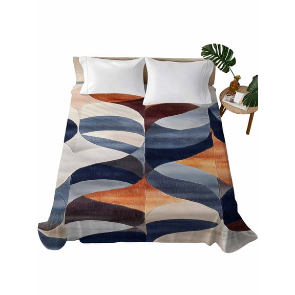 King Flat Sheet 105"x98", Navy Blue Burnt Orange Soft Lightweight Bedding Flat Sheets Only, Retro Geometric Abstract Brushed Microfiber Top Bed Sheet, Breathable StainResistant Bedsheets
