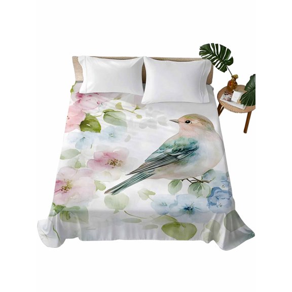 King Flat Sheet 105"x98", Peach Blossom Soft Lightweight Bedding Flat Sheets Only, Nature Pink Blue Flower Spring Birds Brushed Microfiber Top Bed Sheet, Breathable StainResistant Bedsheets