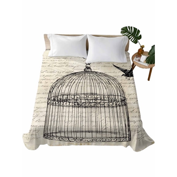 King Flat Sheet 105"x98", Retro Birdcage Soft Lightweight Bedding Flat Sheets Only, Vintage Abstract Art Bird Brushed Microfiber Top Bed Sheet, Breathable StainResistant Bedsheets