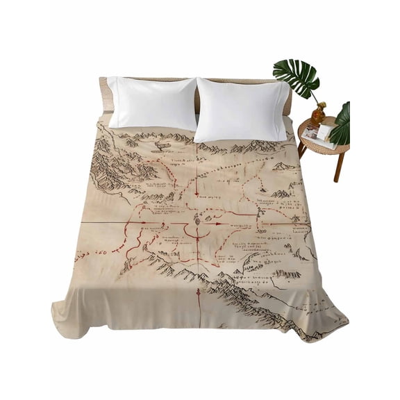 King Flat Sheet 105"x98", Retro Map Soft Lightweight Bedding Flat Sheets Only, Middle Century Mountain Landscape Vintage Art Brushed Microfiber Top Bed Sheet, Breathable StainResistant Bedsheets