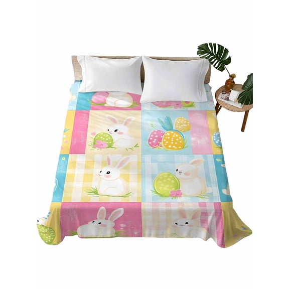 King Flat Sheet 105"x98", Spring Easter Soft Lightweight Bedding Flat Sheets Only, Plaid Bunny Eggs Checkered Farmhouse Brushed Microfiber Top Bed Sheet, Breathable StainResistant Bedsheets